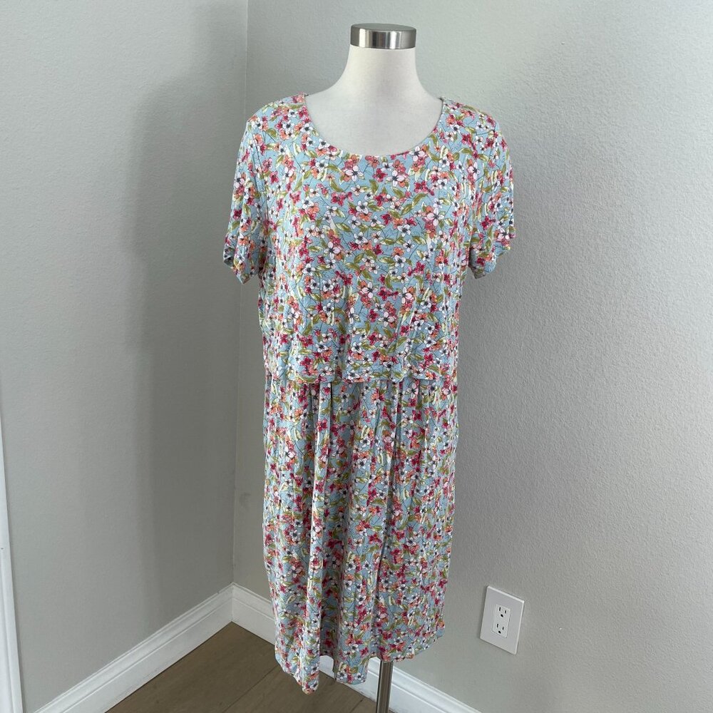 J‎ Jill Womens Large Floral Short Sleeve Dress Button Back Pockets Stretch